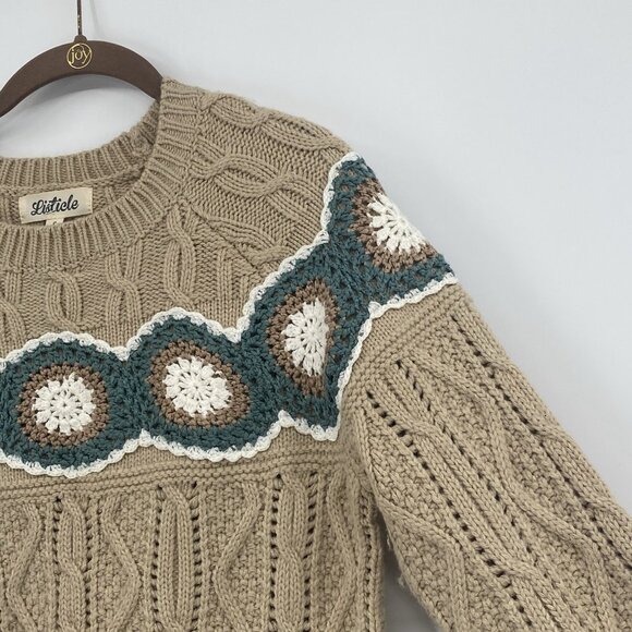 Listicle Sweater Women's Small Tan Chunky Cable Knit Crochet Embroidery Pockets - Picture 9 of 10